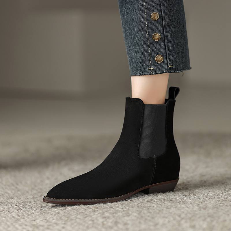 Krazing Pot Piele intoarsa de vaci iarna varf rotund gros tocuri joase cizme chelsea in crestere femei marime mare 41 botine la glezna