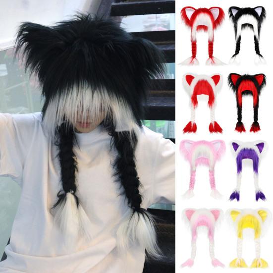 Cat Ear Hat with Braids Double-Layer Ears Decor Soft Plush Anime Cosplay Hat