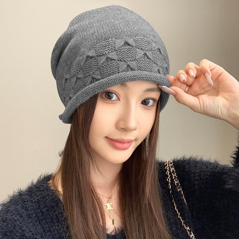 Pile Hats Women's Autumn and Winter Versatile Warm Hemming Knitted Cold Hats Big Head Circumference Showing Face Small Wool Hats