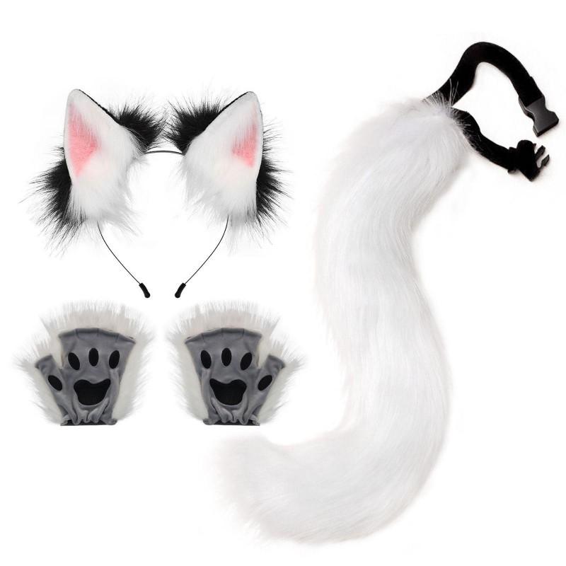 Fluffy Animal Ears Headband With Tail Gloves Set Halloween Party Cosplay Costume Accessory