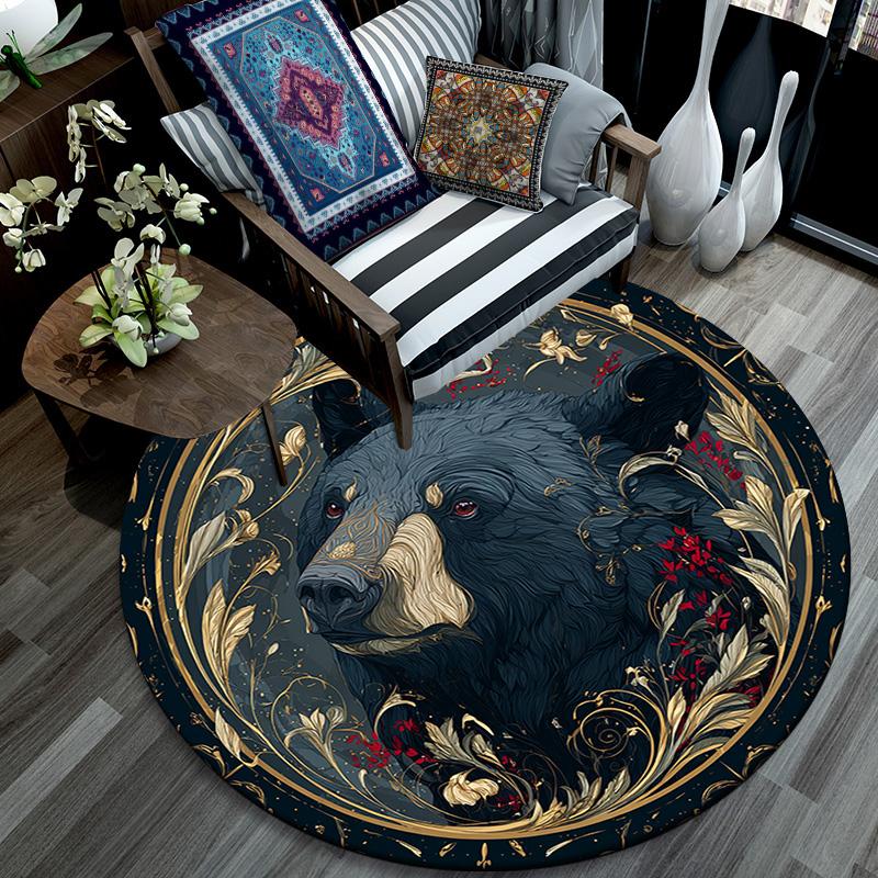 Black Bear Round Area Rug,Carpet Rug for Living Room Bedroom Sofa Playroom Decor,Non-slip Floor Mat