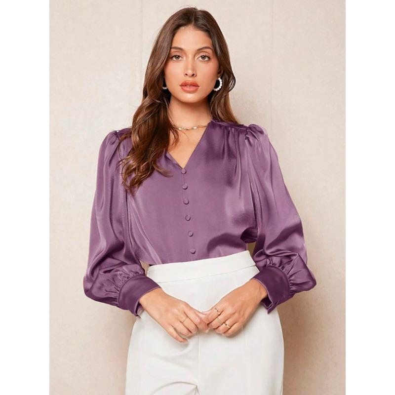 

Весна Осень V-образный вырез пуловер с длинными рукавами топ модная рубашка женская цветная атласная дорожная блузки и рубашки XS лавандовый