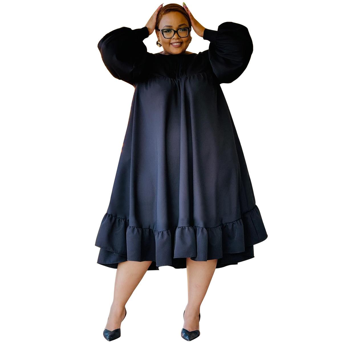 

Плюс Размер Женщин Новый Фонари Рукава Сращивания Темперамент Элегантная Юбка Платье 1XL чёрный