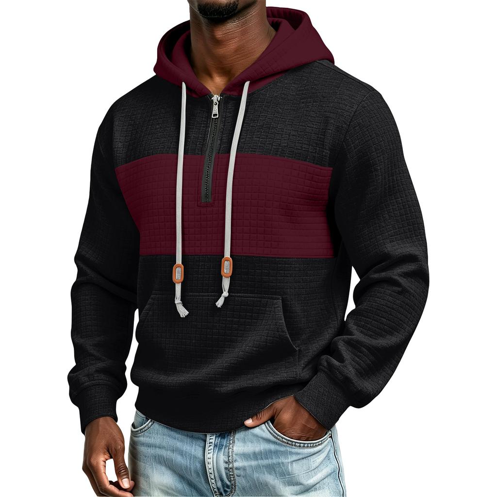 Men's Knit Half Zip Hoodie Casual Color Block Winter Pullover