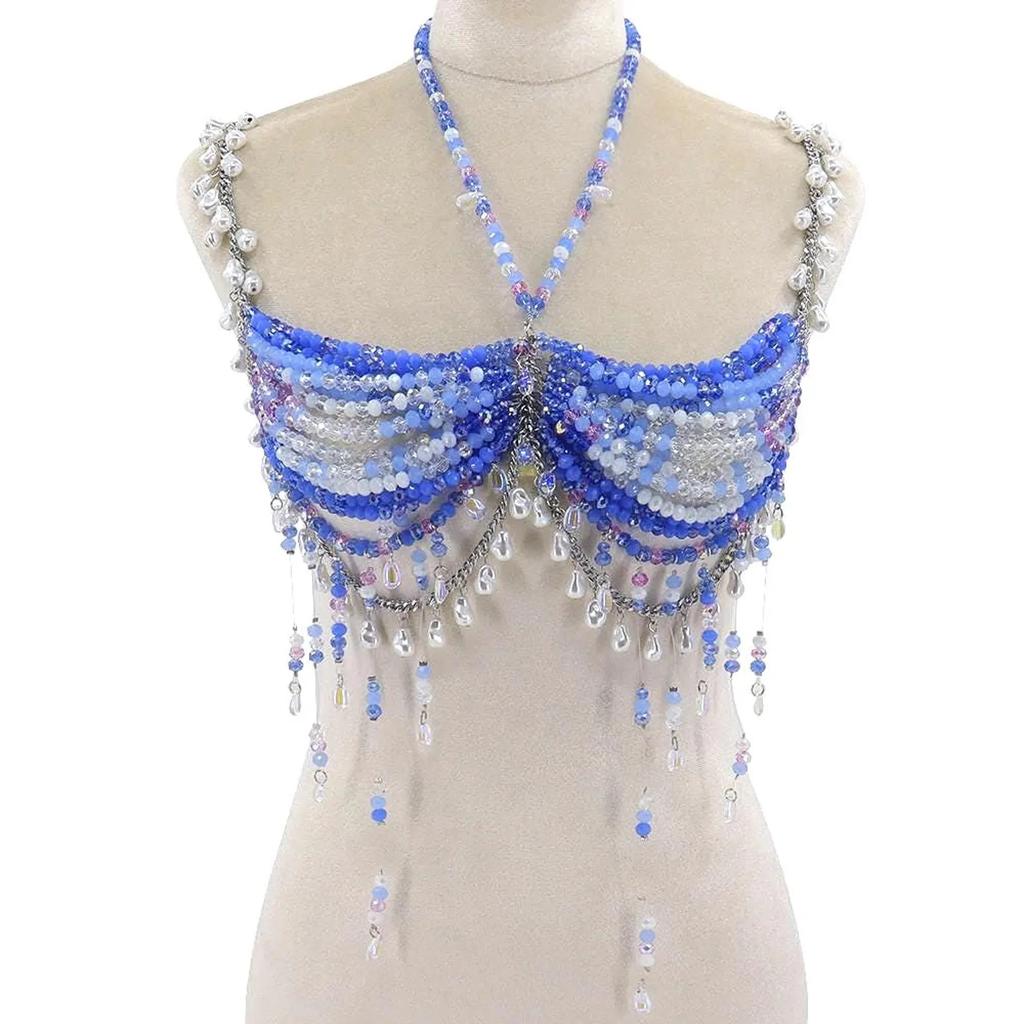 Handgefertigte blaue Perlen-Neckholder-Kette Mehrschichtige Sexy Hot Girl Tube Top West Strand Elegante Sexy Körperketten Schmuck