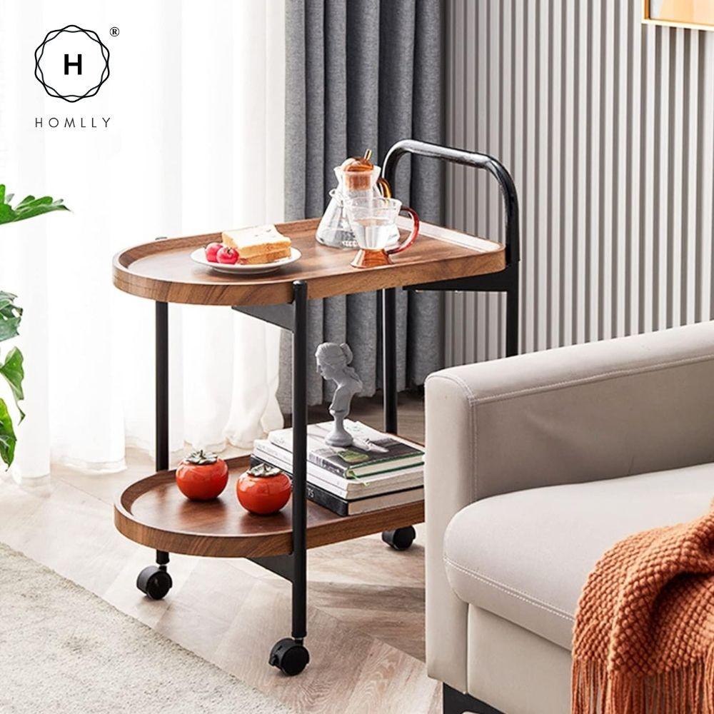 Homlly 2-Tier Walnut Mobile Rolling Kitchen Trollery Cart with Wheels