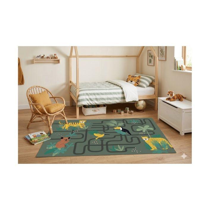 Tapis enfant - EDEN - Animaux jungle circuit - 60 x 120 cm - Polycoton - Vert motifs jungle
