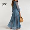 Comfortable Women Dress Faux Denim Maxi Dress, Mesh Patchwork Long Sleeve Button Down Shirt Casual Loose Vintage Summer Versatile