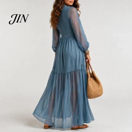 Comfortable Women Dress Faux Denim Maxi Dress, Mesh Patchwork Long Sleeve Button Down Shirt Casual Loose Vintage Summer Versatile