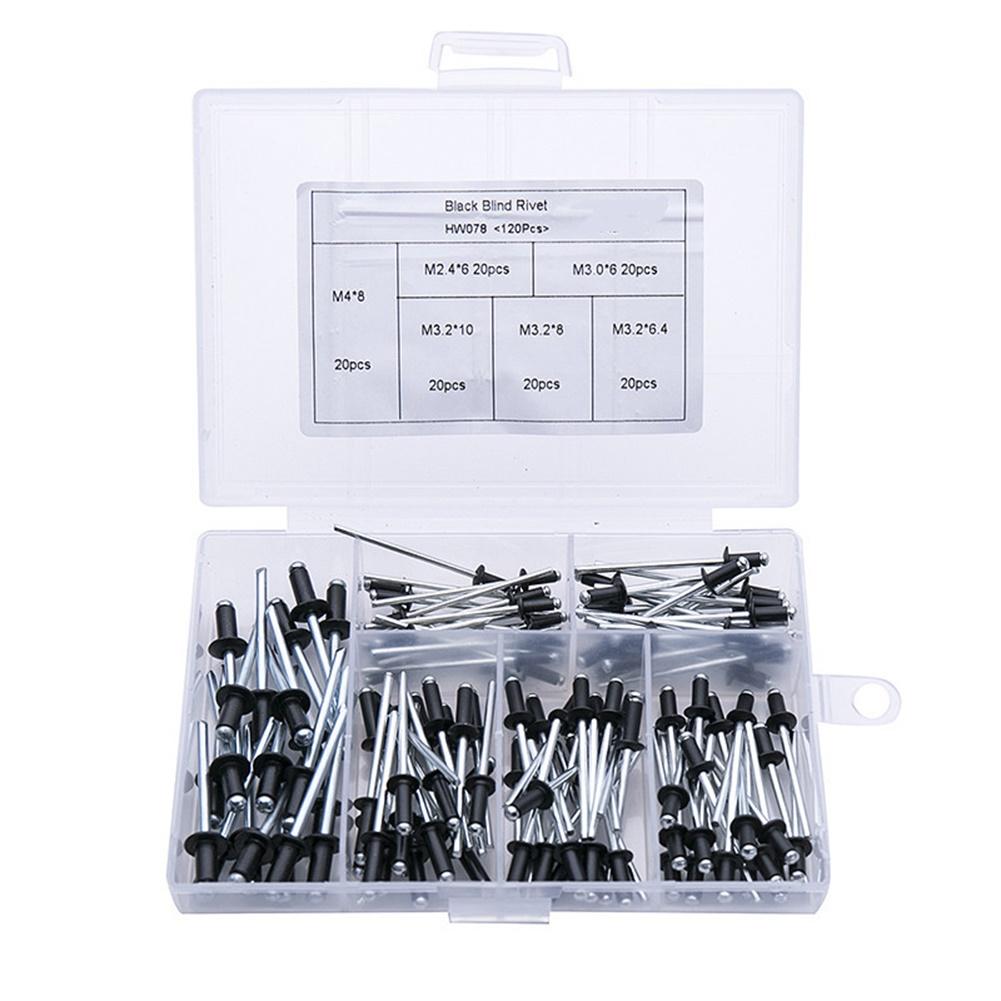 120pcst M2.4 M3.2 Black Aluminium Blind Rivets Nail Decoration Rivets For Furniture Assortment Kit