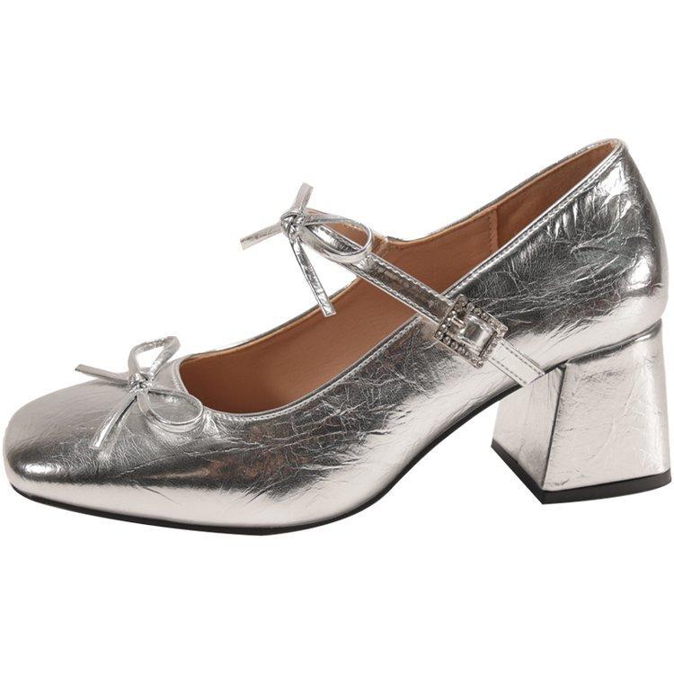 [Armano] Silver Sweet Wind Bow Thick Heel Ballet Single Shoes Women's French Mary Jane Leather Shoes High Heels