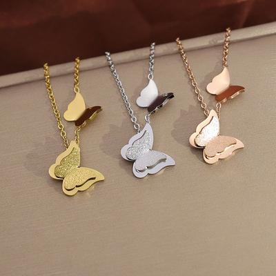 Nubuck Butterfly Titanium Steel Necklace Women'S Stainless Steel Nubuck Double Butterfly Necklace