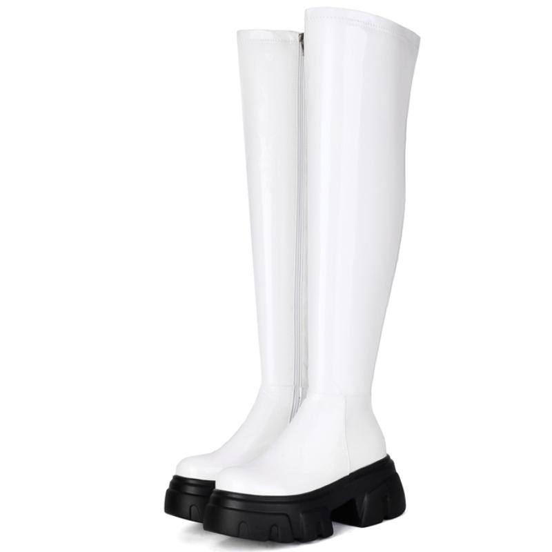 Platformové dámské kozačky nad koleno 2025 Nové punkové podpatky Kozačky nad koleno Černá Červená Bílá Dlouhá obuv Boty Dámské Velká velikost