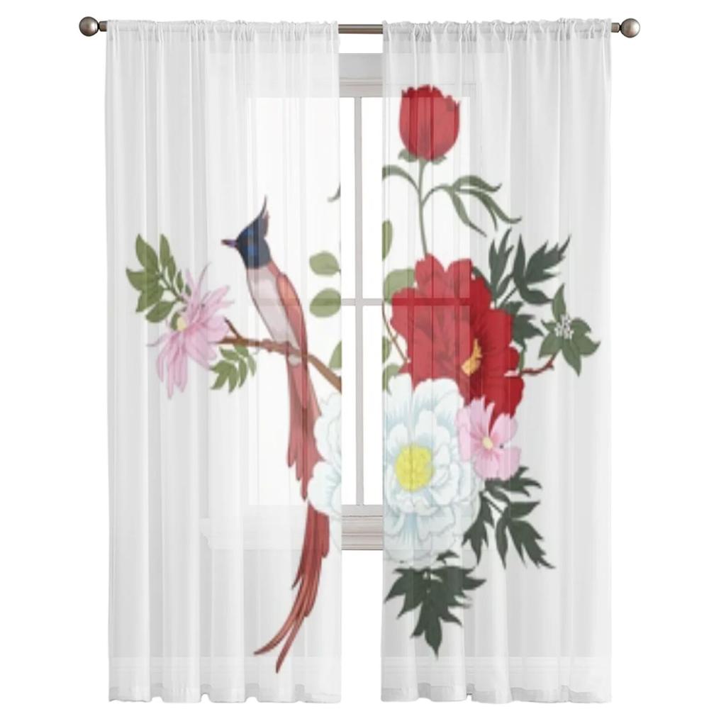 Pivoňky a ptáci průhledné okenní závěsy do obývacího pokoje ložnice moderní voálové tylové závěsy látkové závěsy do kuchyně