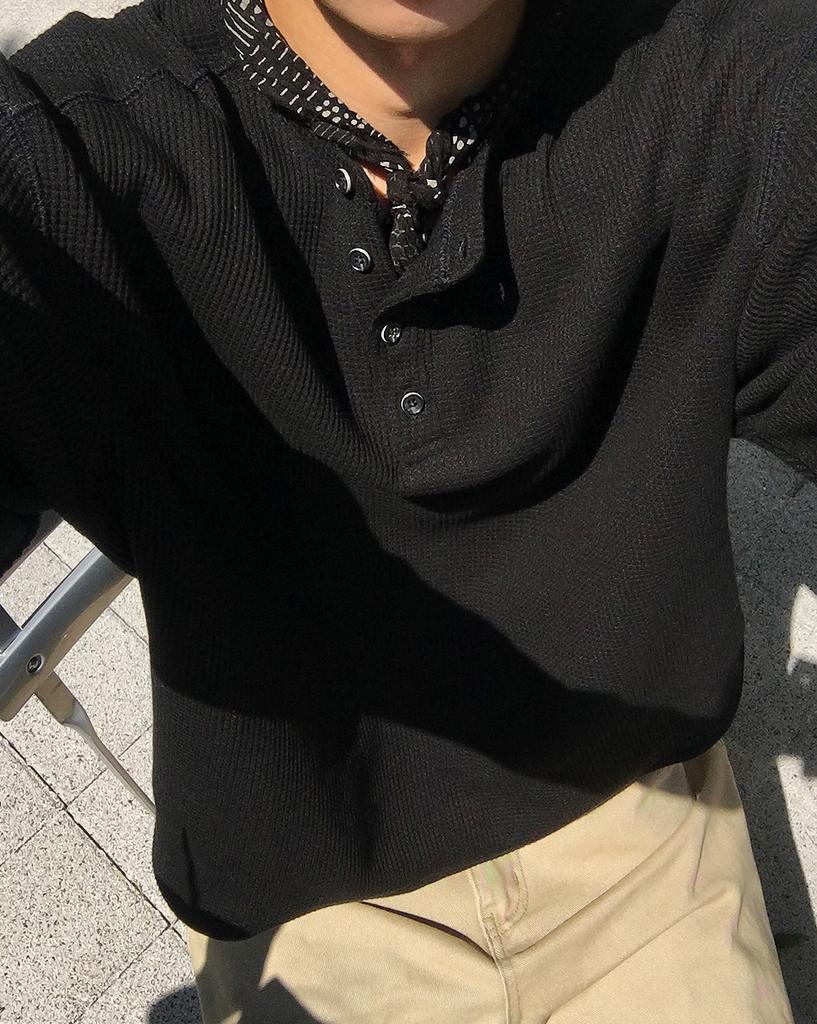 INTEMPOMOOD Slant Button Waffle Henley Neck: 3 Colors