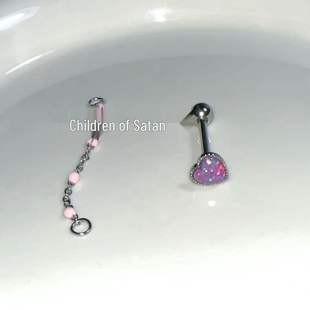 Satan's Child Pampered Mermaid Heart Opal Tongue Stud - Titanium Steel Chain Tongue Ring