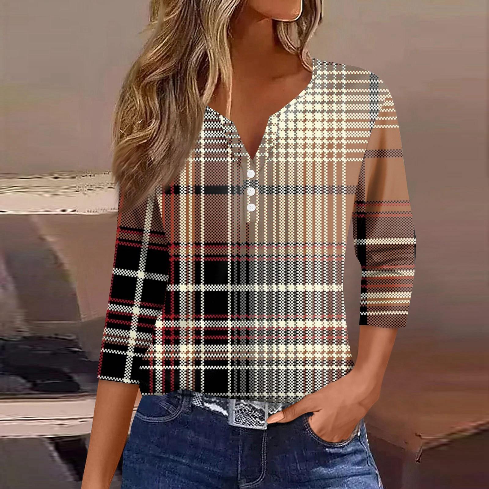 

Женская футболка, футболка, принт, пуговица, рукав 3/4, туника, повседневная, выходная мода, базовая, V-образный вырез, обычный топ M хаки