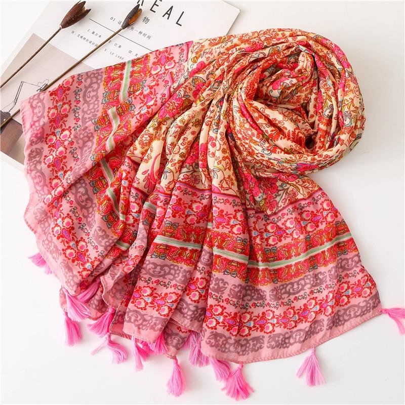 Ethnic Cotton Linen Floral Tassel Shawl: Sun Protection Beach Scarf for Women