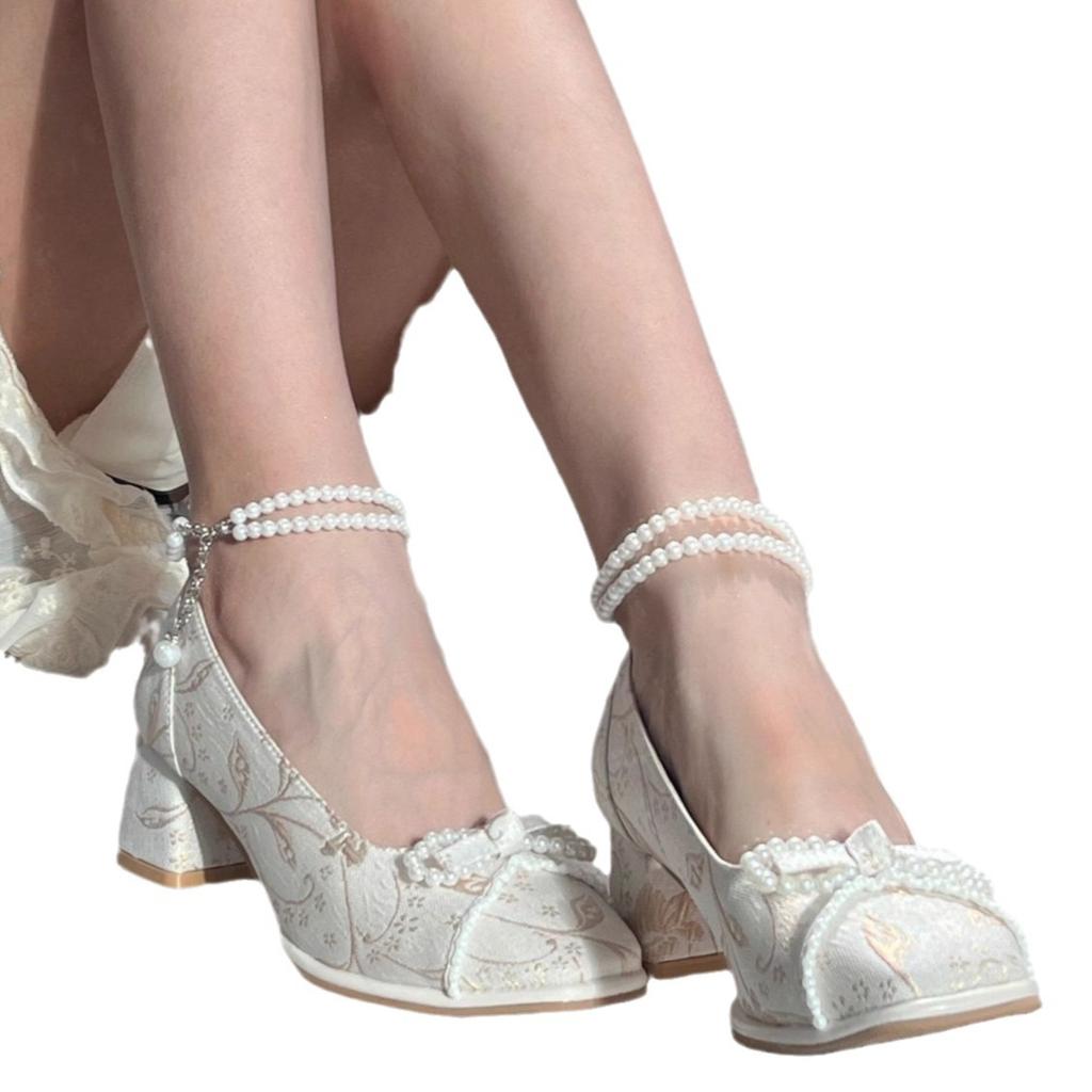 Mary Jane shoes women's new bow high heels women's single shoes thick heel cheongsam shoes