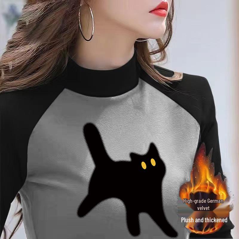 

German Velvet Raglan Color Block Half High Neck Slimming T-Shirt for Women S [up to 90 lbs]