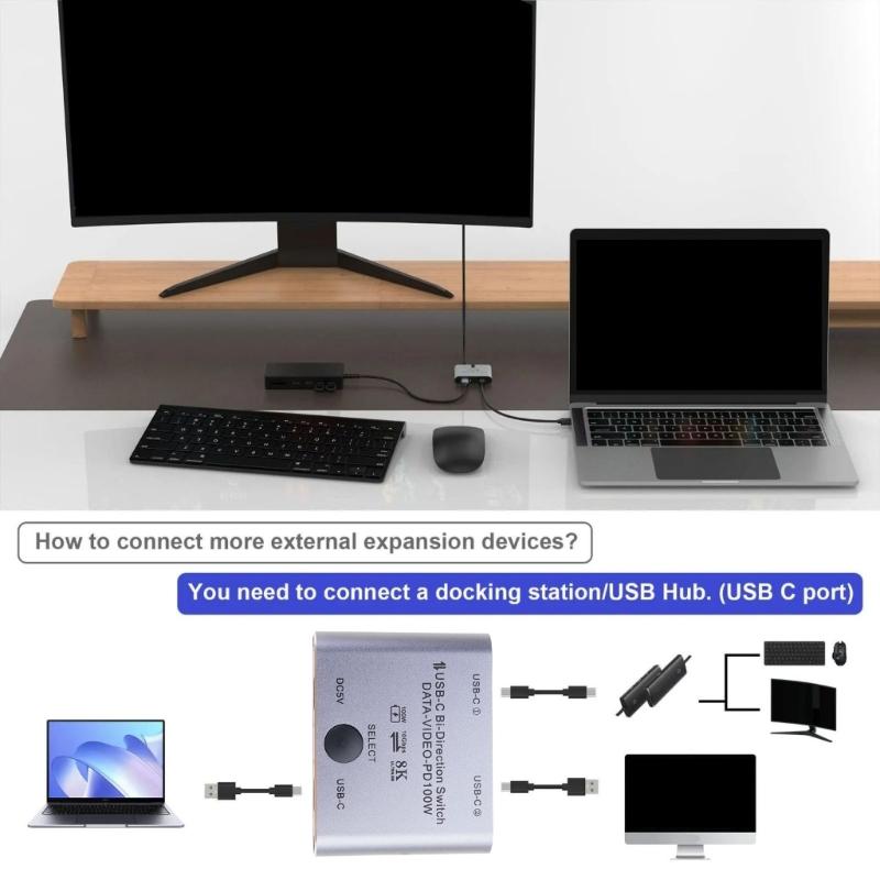 USB C Switcher for Double Computers with 8K Video Display PD100W Charging, Support Highly Speed 10Gbps Data Transfer