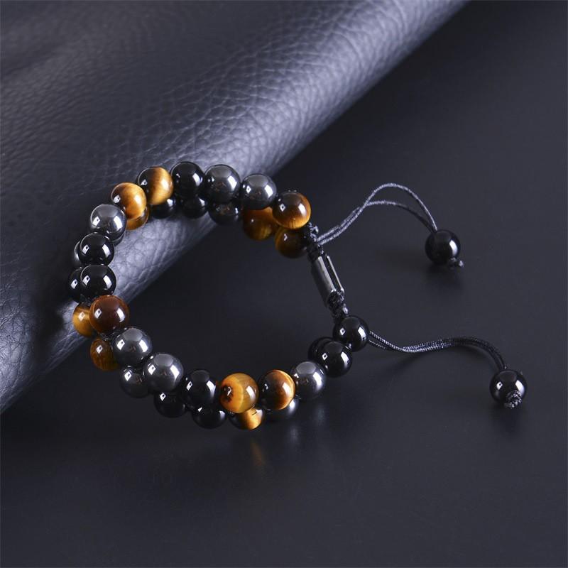 Mens Adjustable Double Layer Natural Tigers Eye Bracelet With Black Agate Hematite Beads 8mm