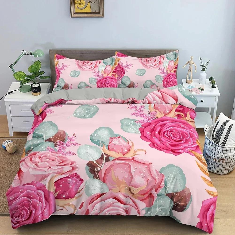 Comforter 3D Rose Flower Queen King Double Bedding Set 3Pcs With Zipper Closure King Size Polyester