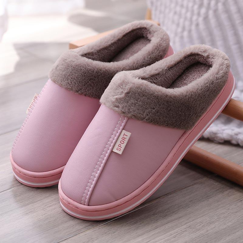 Women'S Slippers Indoor Warm Slippers Non-Slip Winter Ladies Leather Slippers Antifouling Couple Home Short Plush Flate Shoes