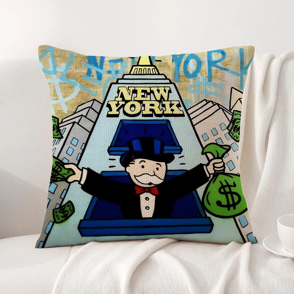 Cartoon M-Monopoly Cushion Cover Summer Coolness Linen Fabric Double-Sided Printing Pillow Case Sofa Home Decor Gift