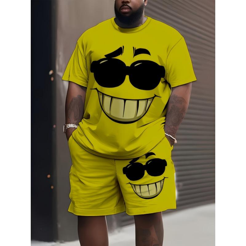 Große Größe neuer Sommer Herren Kurzarm-Shorts-Anzug [bedrucktes Design - keine Textur] Sommer Herren Kreatives Cooles Glückliches Muster Bedruckter Anzug