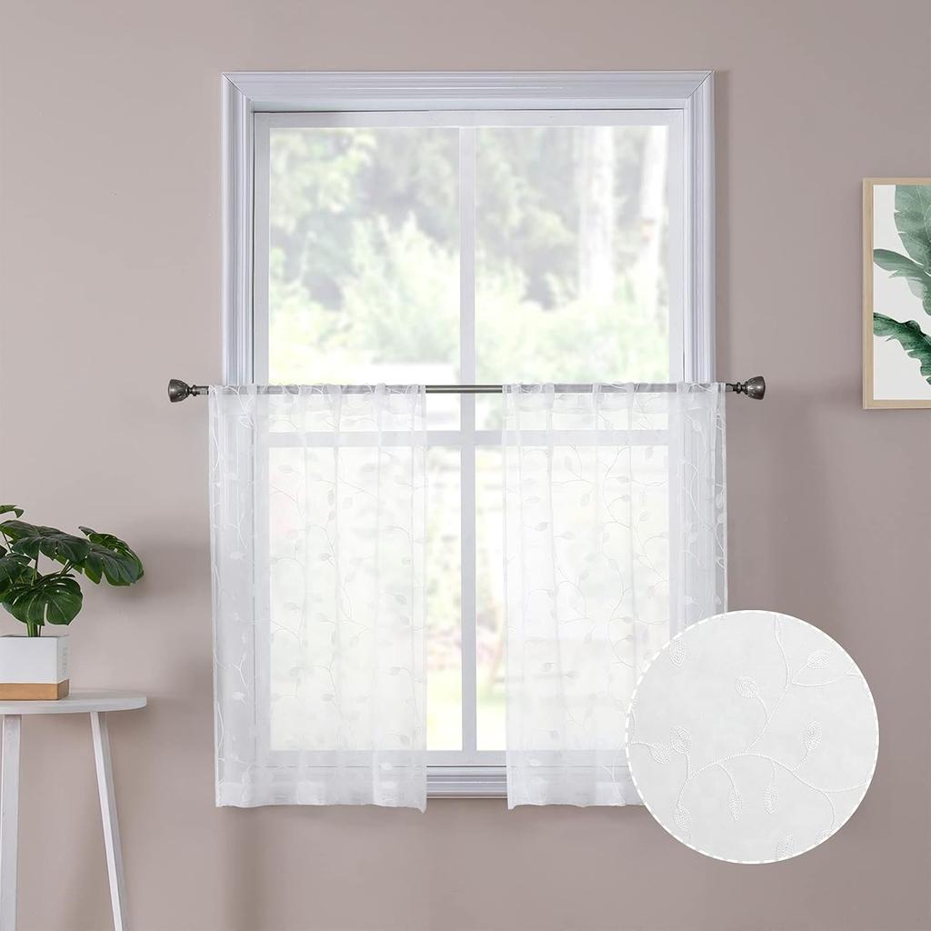 Tollpiz Leaves Short Sheer Curtain Sage Green Leaf Embroidery Living Room Curta Rod Pocket Voile Faux Linen Embroidered Leaves Curtain for Bedroom,