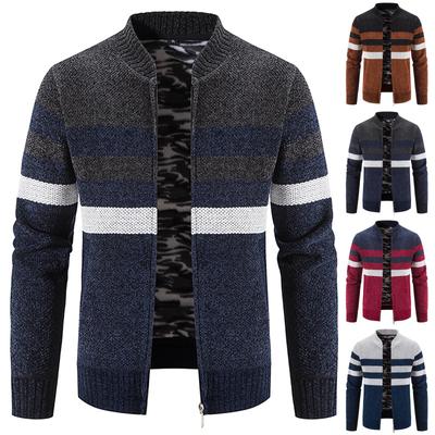 Farbblockierter Cardigan-Pullover für Herren, verdickter Plüsch, lässiger Strickmantel