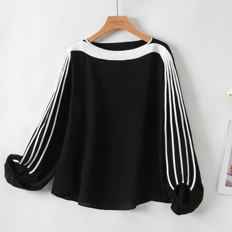 TUHUANG Women s Striped Mulberry Silk Long Sleeve Top M