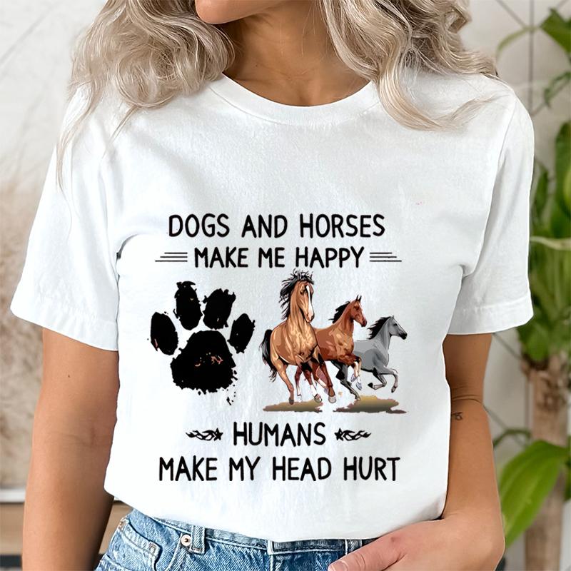 Dog Paw Wild Horses Graphics T Shirt Women Short Sleeve Shirt Dogs and Horses Make Me Happy Print Clothes Summer Female Tshirt