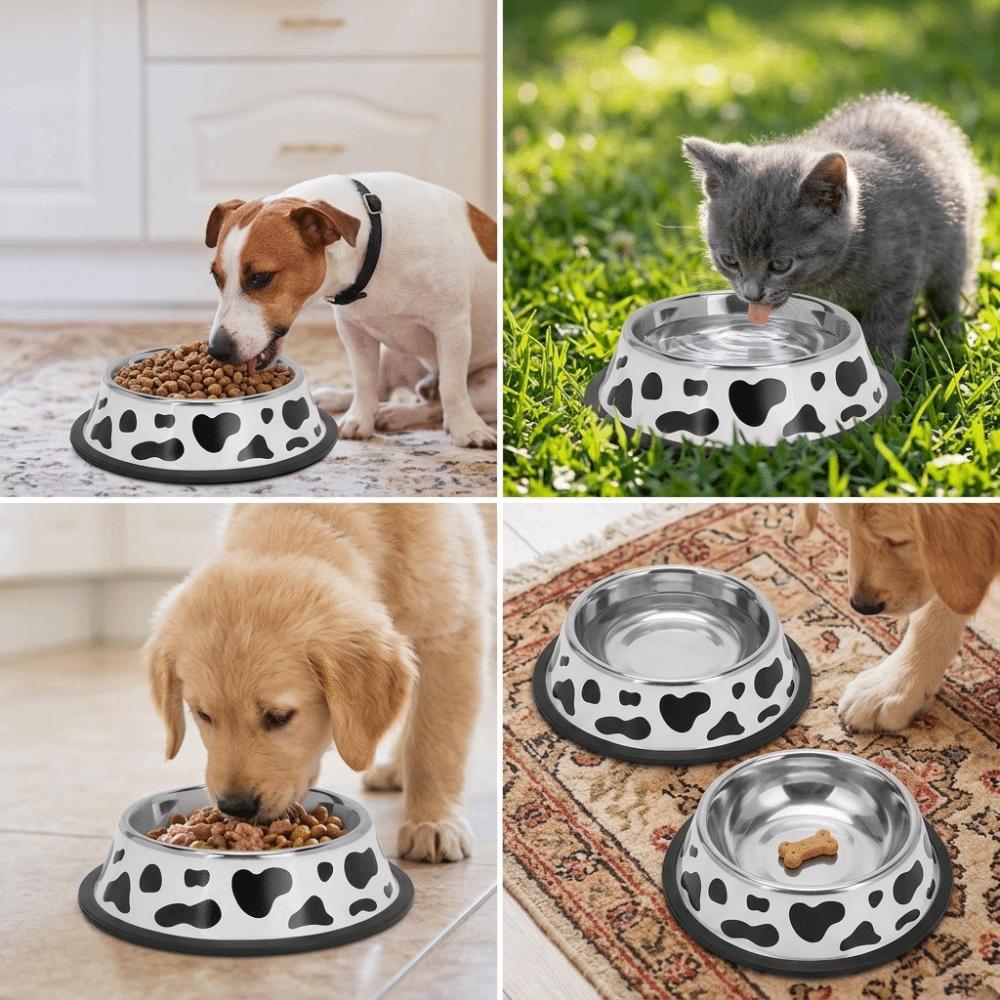 Round Shape Dog Cat Food Bowl White Black Tone Metal Pet Bowl Anti Tip Feeder Bowl  Pet Dining 15cm