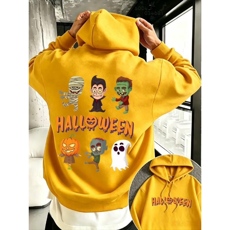 Halloween Men's Street Hoodie with Cartoon Witch, Zombie, Ghost and Pumpkin Double-sided Print, Couple Loose Pullover Sweater