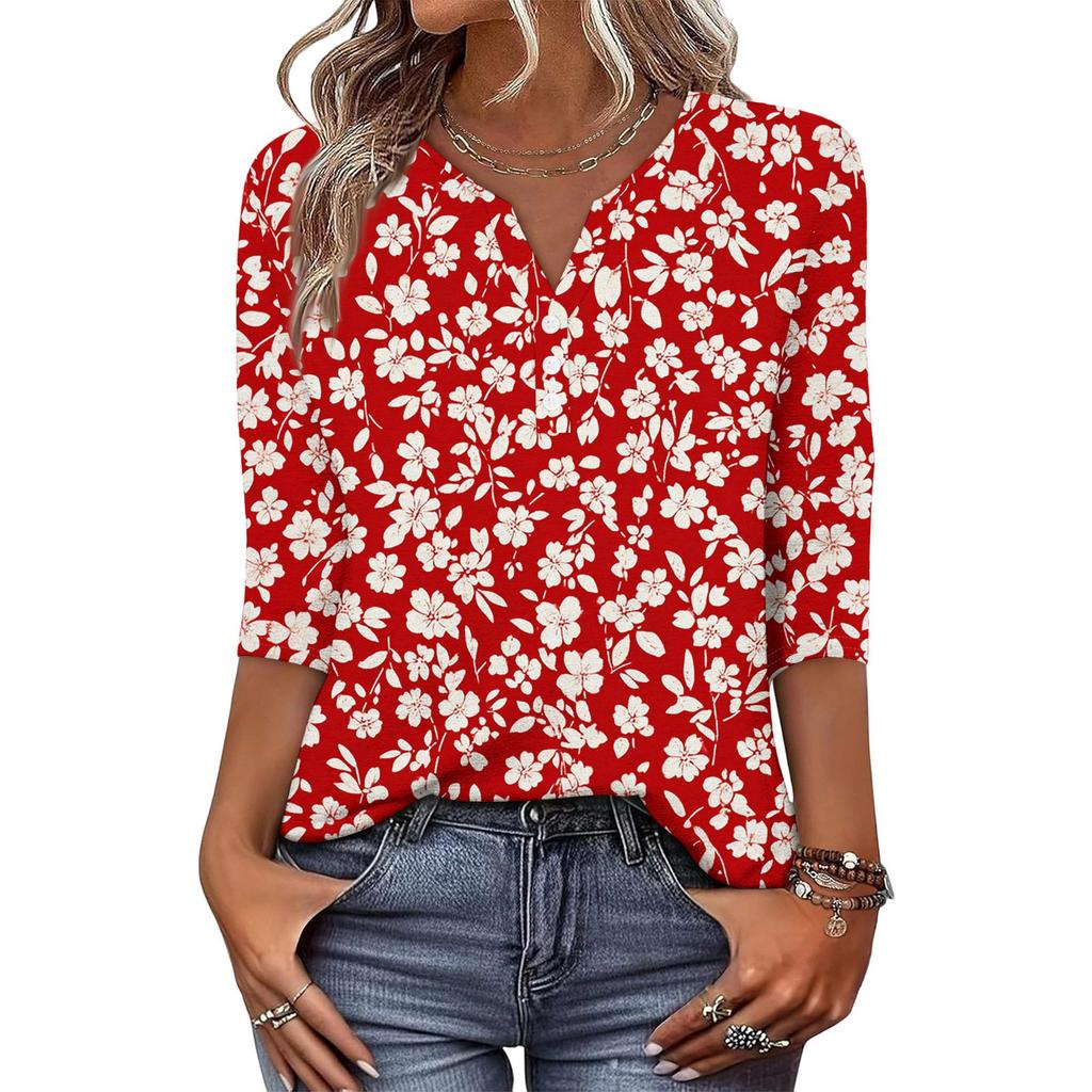 Women’s Casual Retro Floral Print V Neck Decorative Button Three Quarter Sleeve T Shirt Top for Daily Wear