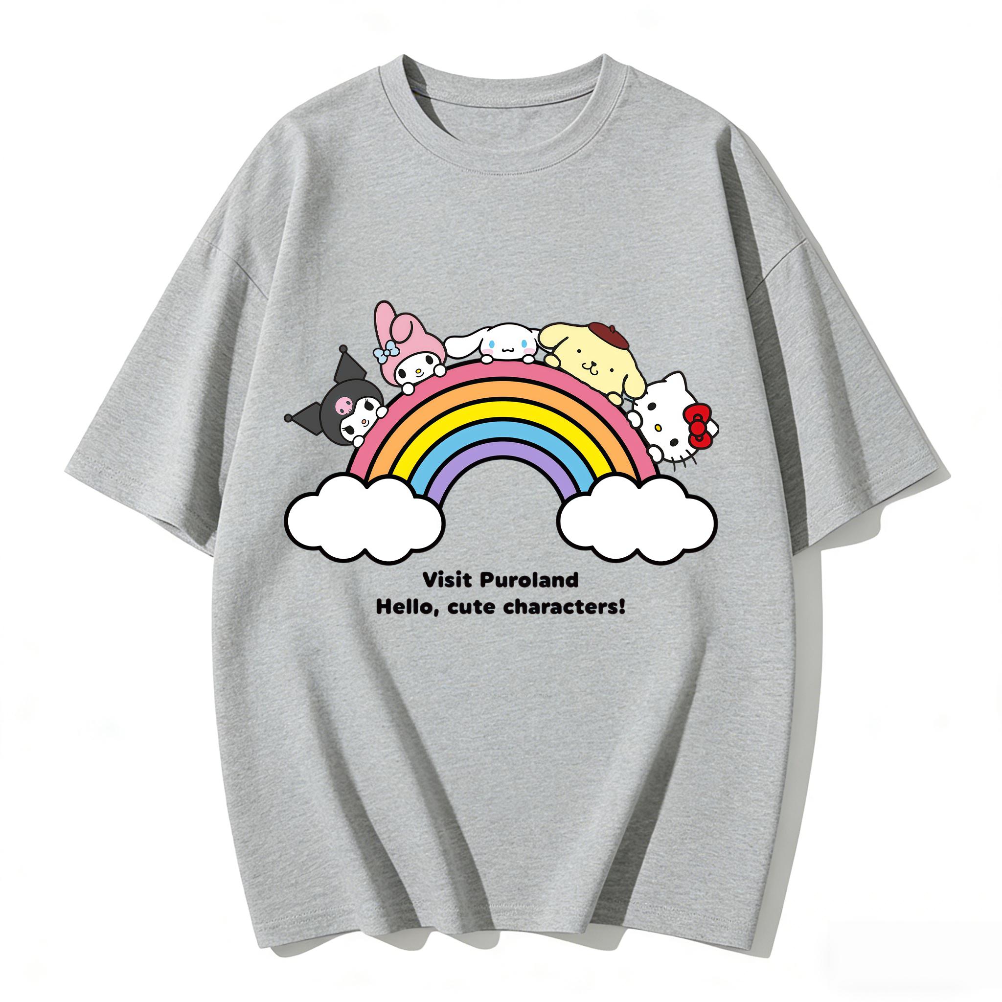 

2026 New Sanrio Characters Rainbow Puroland Cartoon Print Tshirt Family Matching Outfits Casual Short Sleeve Tee Women Unisex Kids S