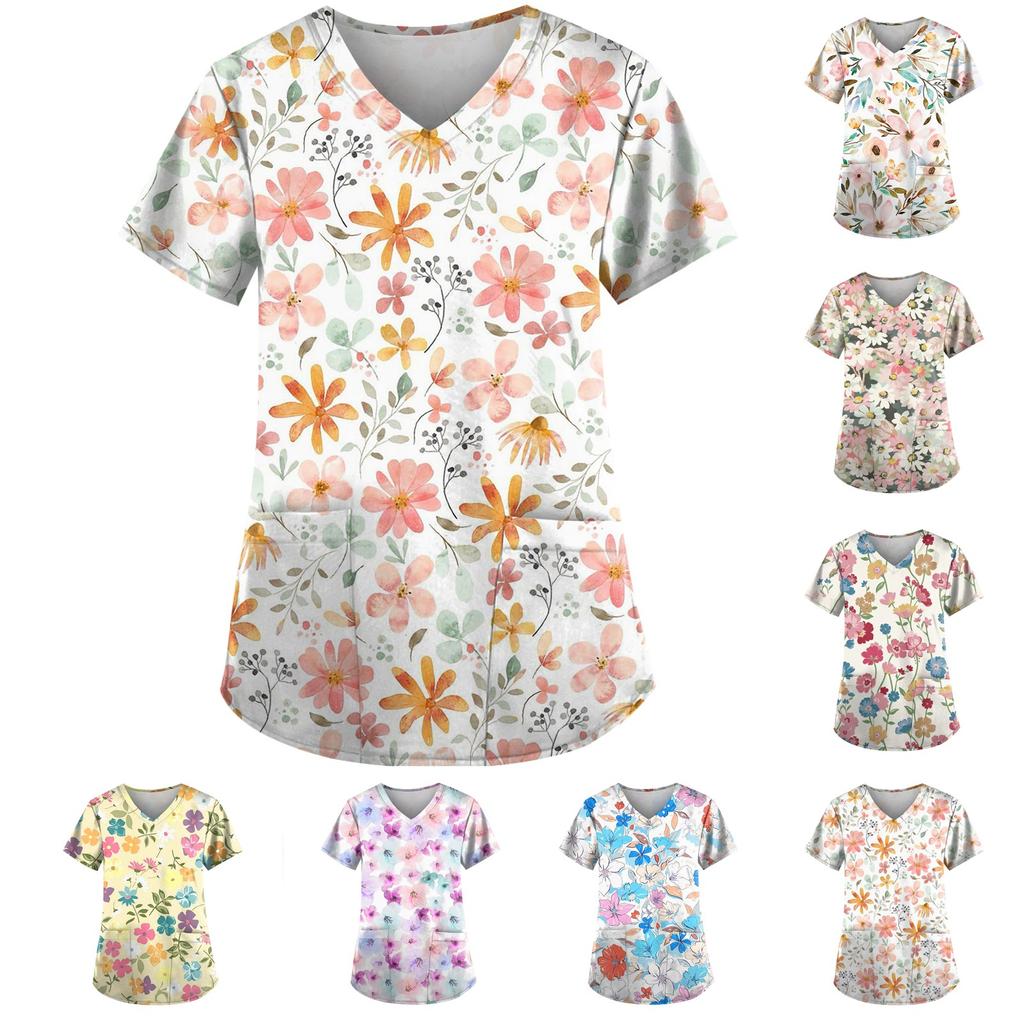 Women's Printed Short Sleeve V-neck Tops Working Pocket Blouse
