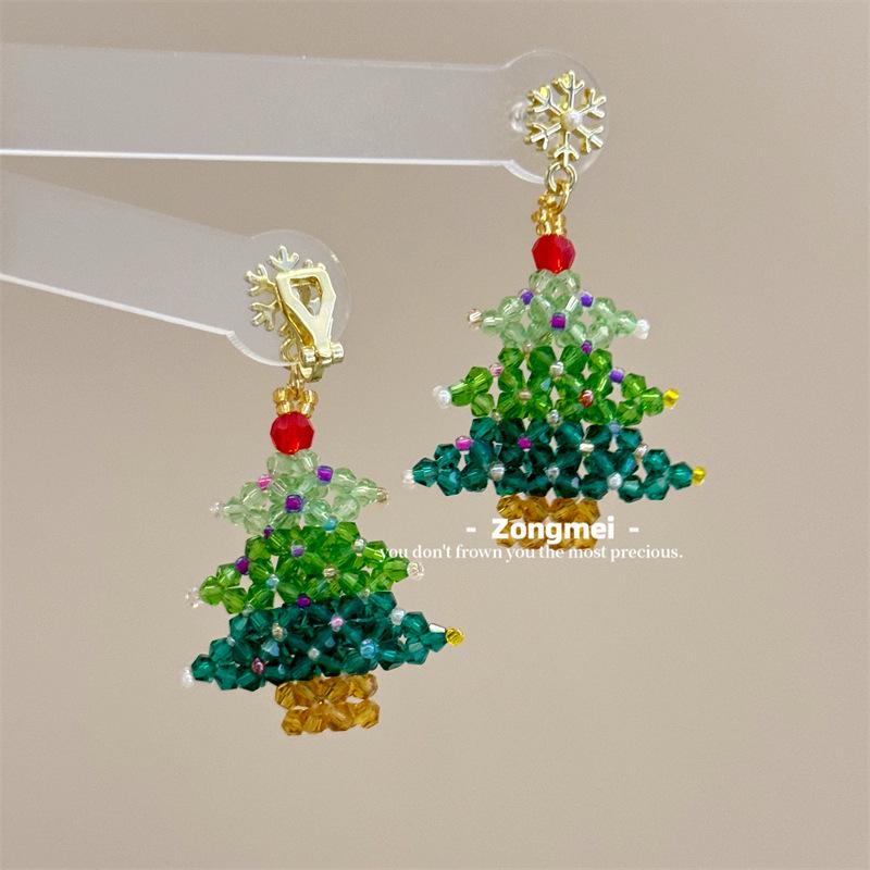 3D Christmas Tree Earrings with Red Bow - Heavy Beaded Crystal Ear Clips, Hand-Woven Holiday Accessories