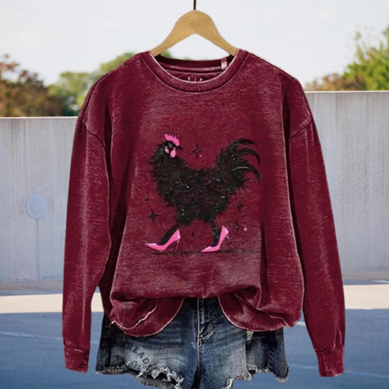 2025 Hot Selling Purple-Red Abstract Hen Print Round Neck Hoodie