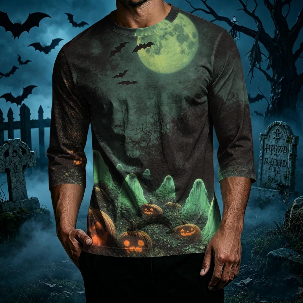 Men's Casual Halloween Print Crew Neck T Shirt Three Quarter Sleeve Regular Fit Top Suitable for Everyday Wear and Seasonal Events