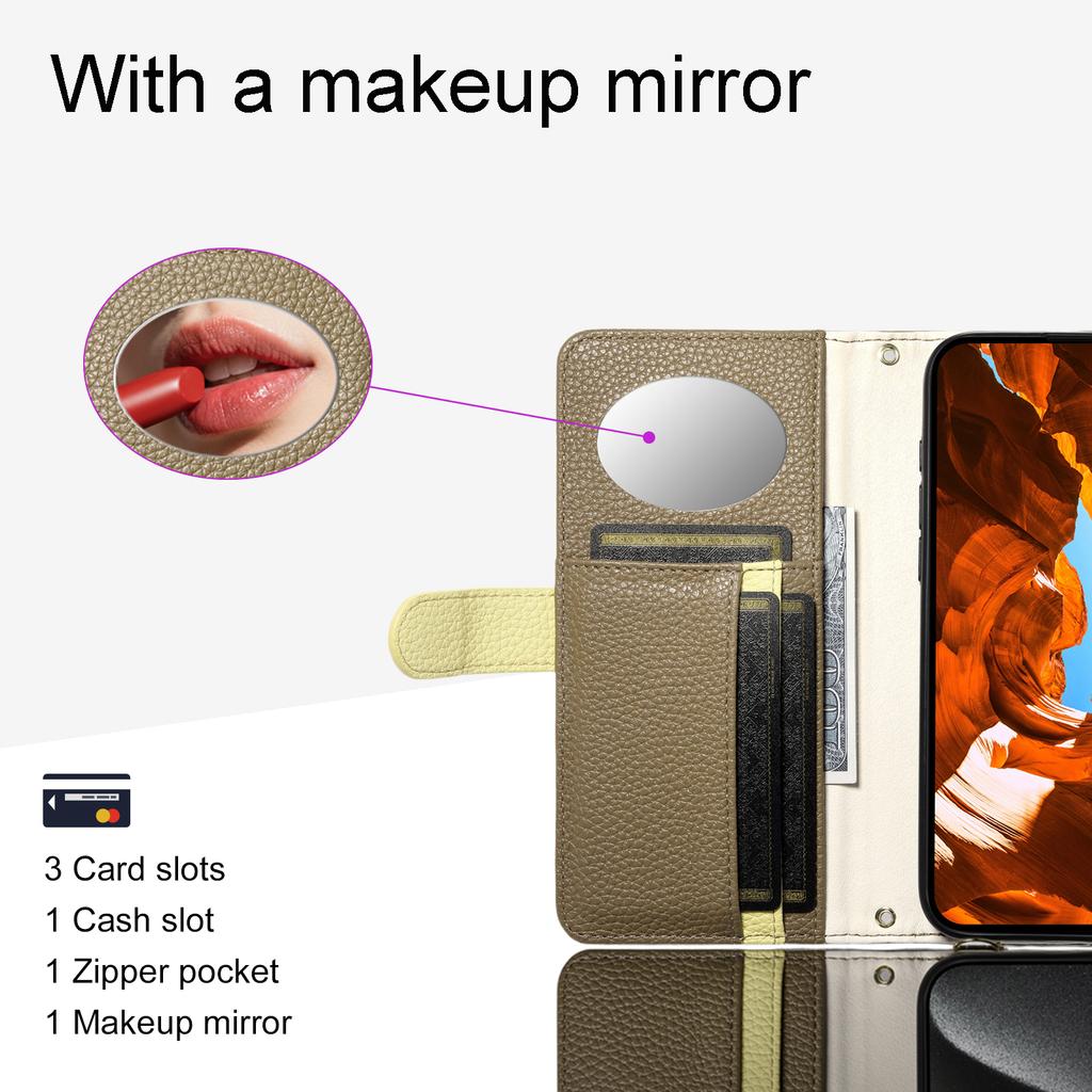 ESEBLE E11 For Samsung Galaxy S23 Ultra Case Zipper Pocket Litchi Texture Leather Phone Cover with Mirror and Wrist Strap