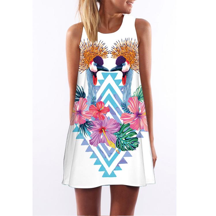 European Station European and American New Retro Digital Printing Round Neck Hot-selling Off-the-shoulder Medium and Long Vest Dress