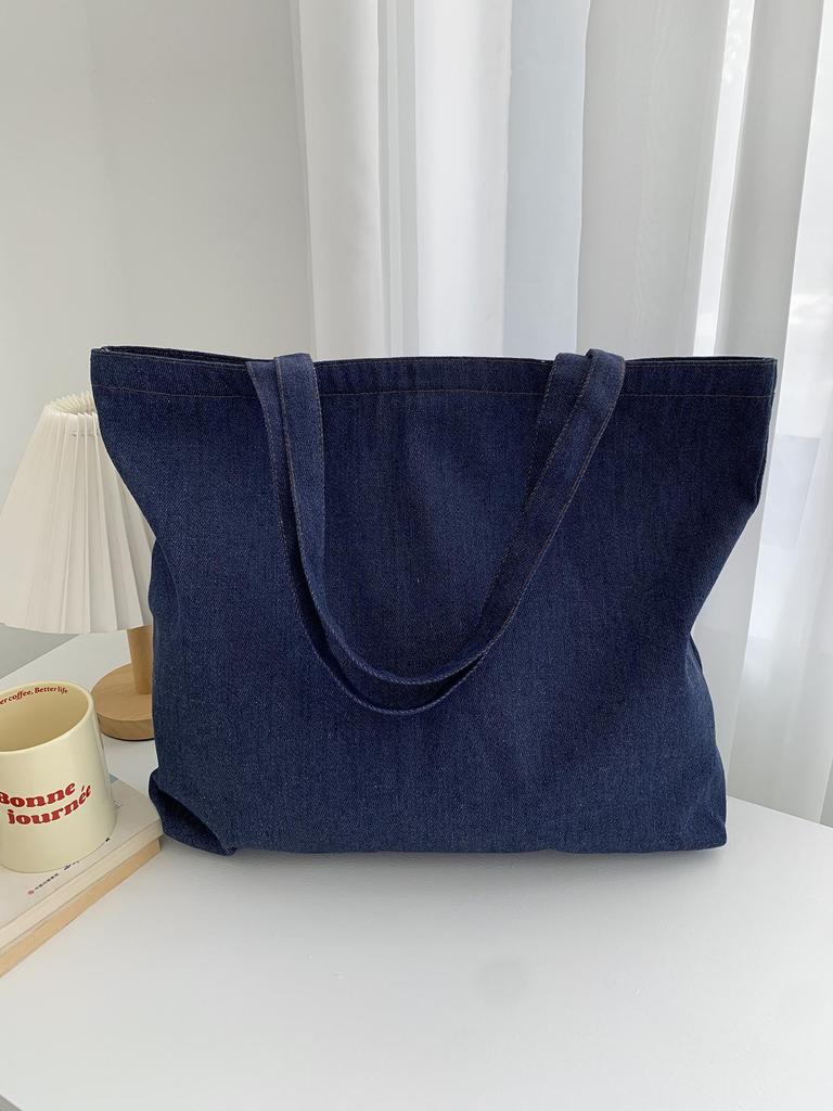 Light Blue One-Shoulder Canvas Bag - Large Capacity, Unisex, Korean Style, Zip Closure