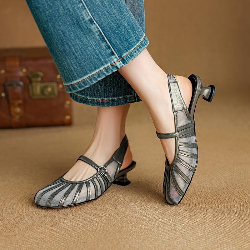Fashion Women's new leather cowhide summer breathable mesh belt buckle French retro mid heel M ü ller toe sandals
