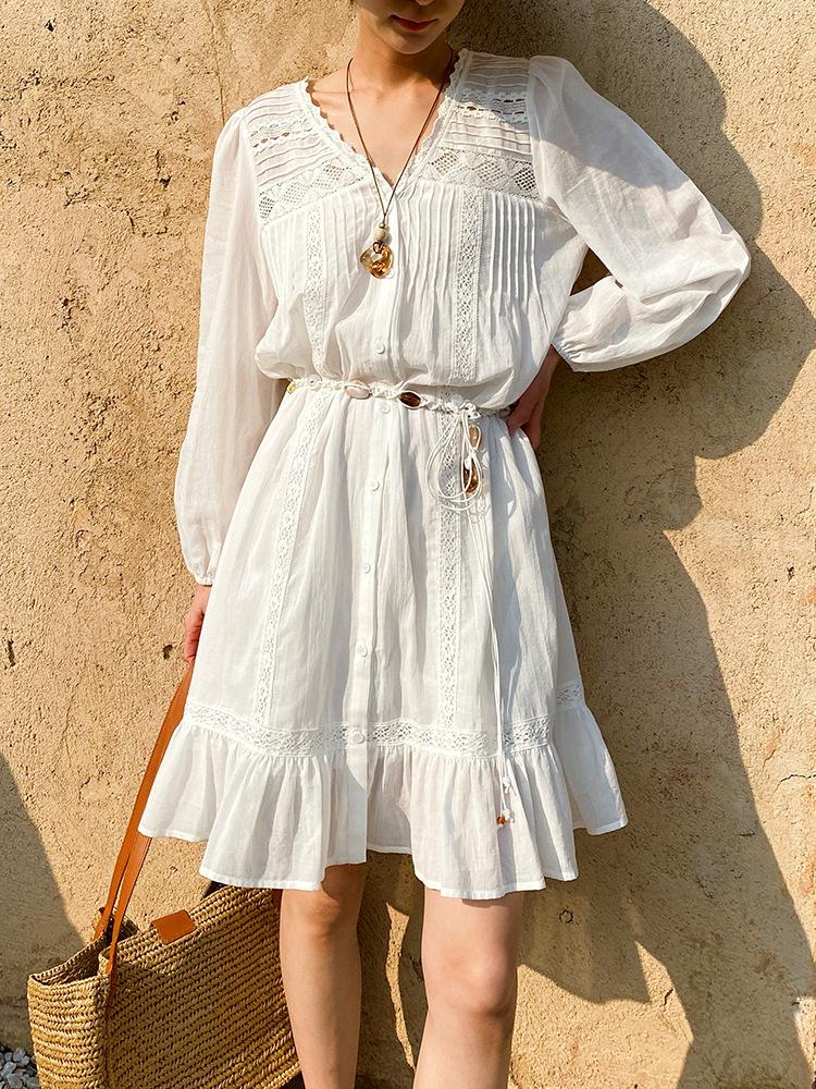 Southern France Long Sleeve White Shirt Dress - Women's Spring/Summer French Style