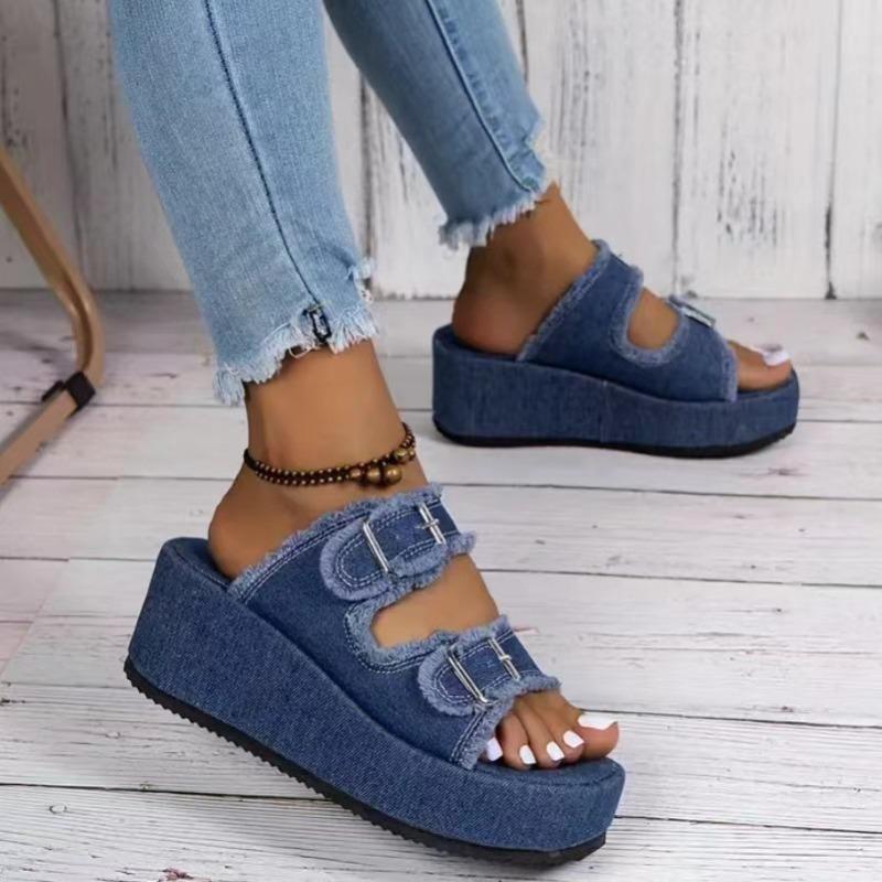 New Summer Women's Plus Size Wedge Denim Belt Buckle Slip on Chunky Sole Outdoor Slide Sandals