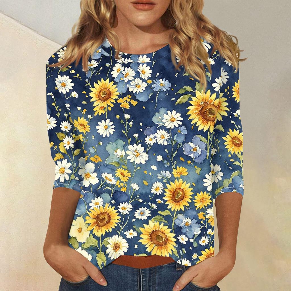 Women's Casual Floral Print Three Quarter Sleeve Top Round Neck Blouse Lightweight Comfortable Fit for Everyday Wear
