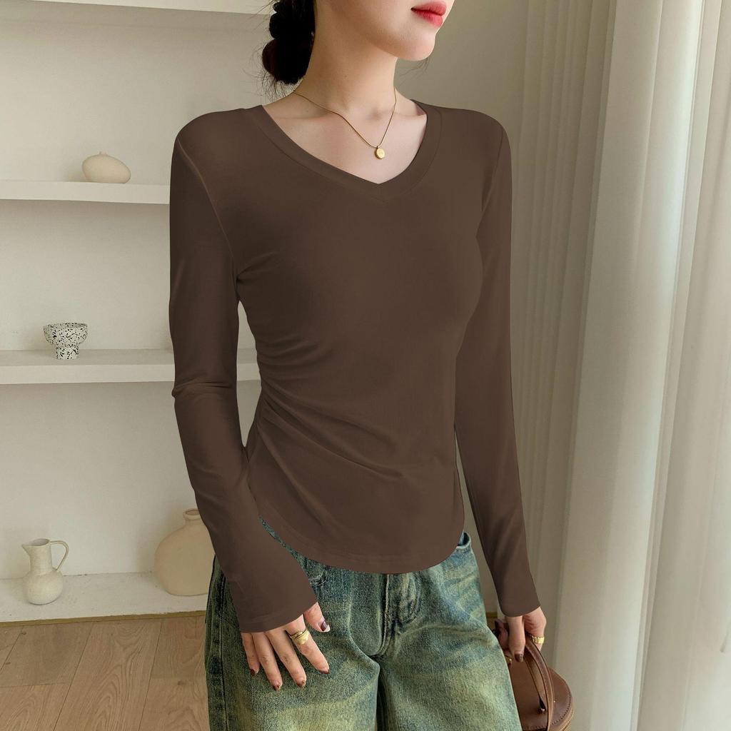 Women's Autumn/Winter V-Neck Long-Sleeve Modal Shirt - Slim Fit, Arc Hem